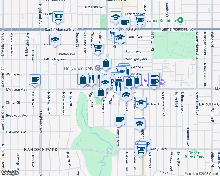 map of restaurants, bars, coffee shops, grocery stores, and more near 647 North Cahuenga Boulevard in Los Angeles