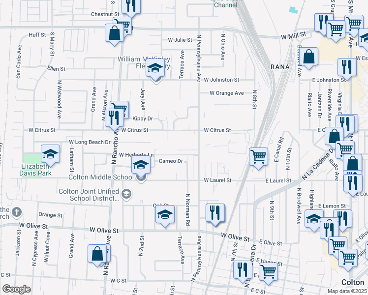 map of restaurants, bars, coffee shops, grocery stores, and more near 515 Casey Court in Colton