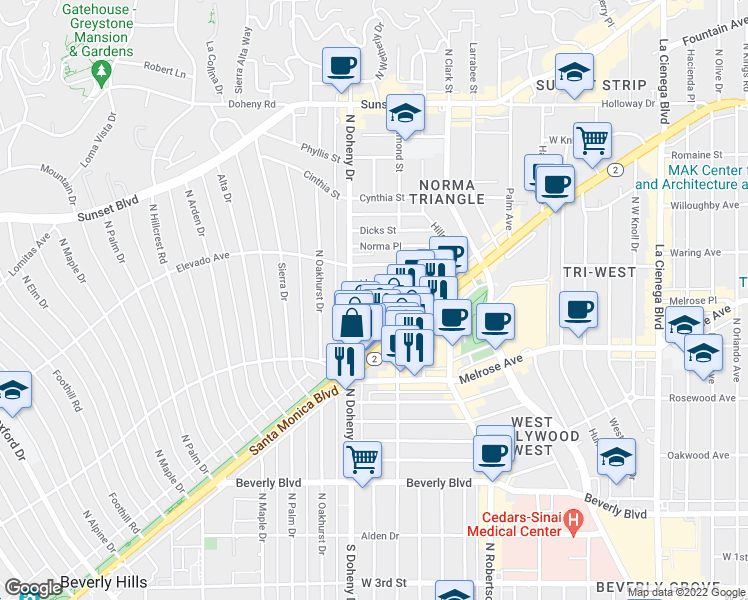 map of restaurants, bars, coffee shops, grocery stores, and more near 9041 Keith Ave in Los Angeles