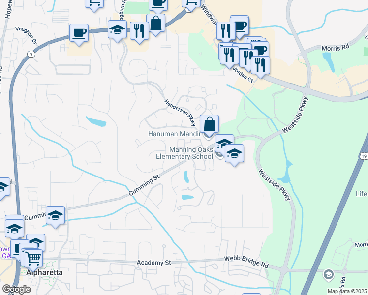 map of restaurants, bars, coffee shops, grocery stores, and more near 1548 Planters Ridge Lane in Alpharetta