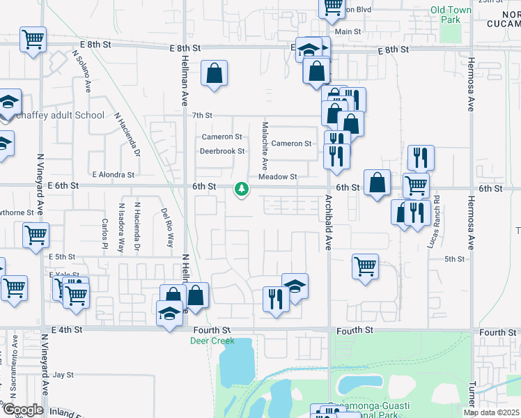 map of restaurants, bars, coffee shops, grocery stores, and more near 9370 Bistro Place in Rancho Cucamonga