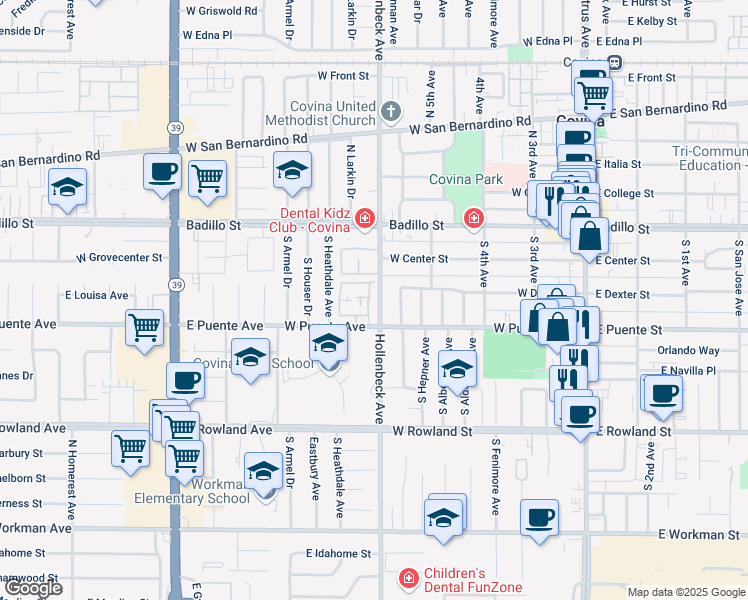 map of restaurants, bars, coffee shops, grocery stores, and more near 529 West Puente Avenue in Covina
