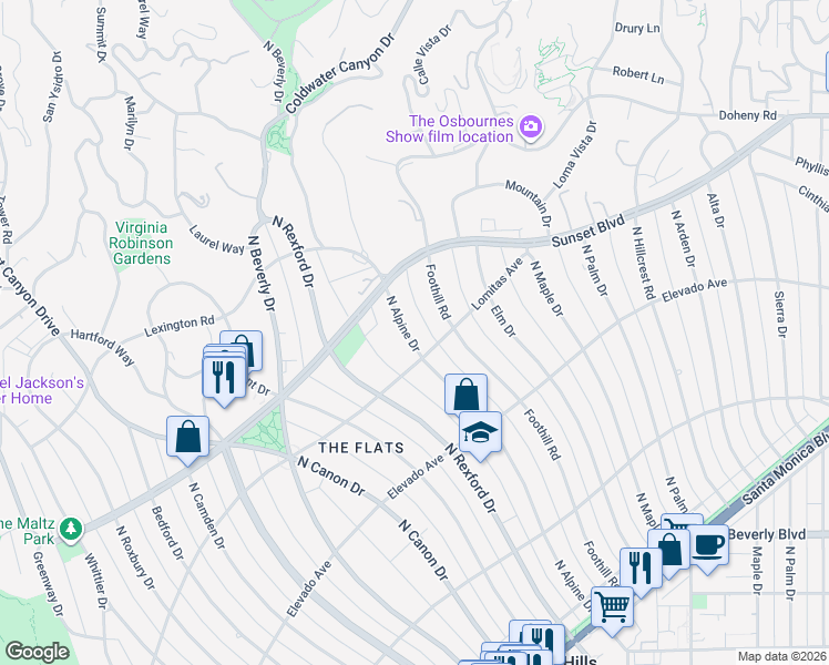 map of restaurants, bars, coffee shops, grocery stores, and more near 803 North Alpine Drive in Beverly Hills