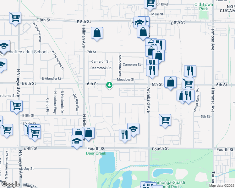map of restaurants, bars, coffee shops, grocery stores, and more near 9370 Bistro Place in Rancho Cucamonga