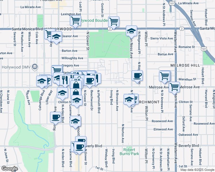 map of restaurants, bars, coffee shops, grocery stores, and more near 5555 Melrose Avenue in Los Angeles