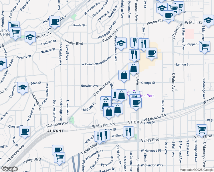 map of restaurants, bars, coffee shops, grocery stores, and more near 919 Westminster Avenue in Alhambra