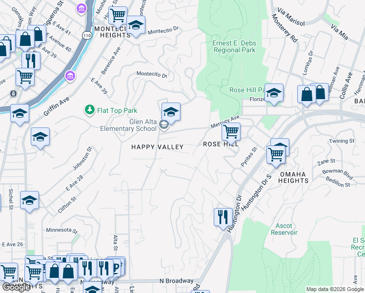 map of restaurants, bars, coffee shops, grocery stores, and more near Raynol Street in Los Angeles