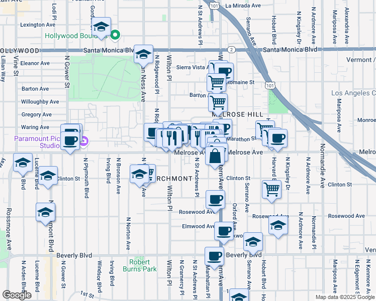 map of restaurants, bars, coffee shops, grocery stores, and more near 5125 Melrose Avenue in Los Angeles