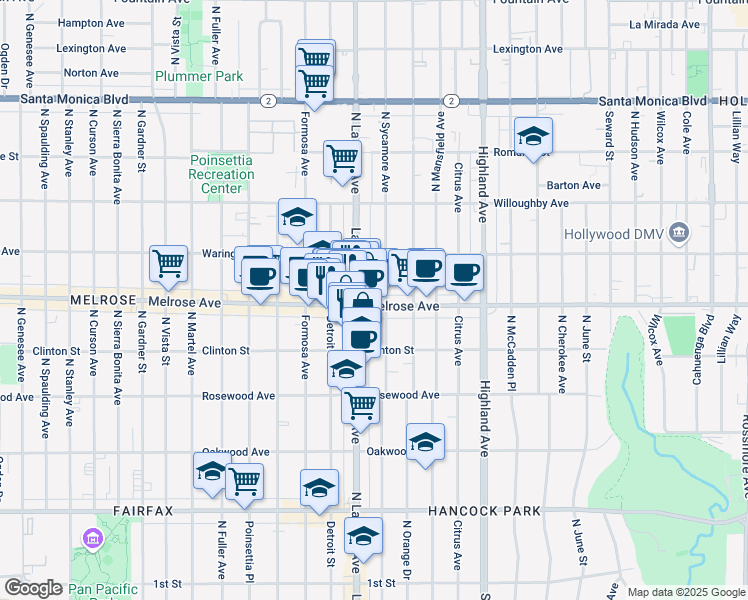 map of restaurants, bars, coffee shops, grocery stores, and more near 7015 Melrose Avenue in Los Angeles