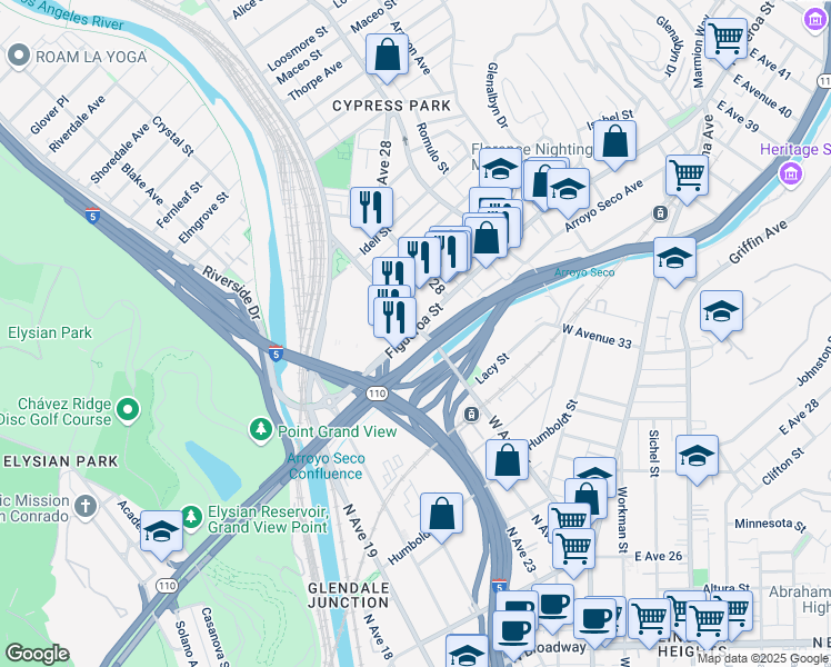 map of restaurants, bars, coffee shops, grocery stores, and more near 2224 North Figueroa Street in Los Angeles