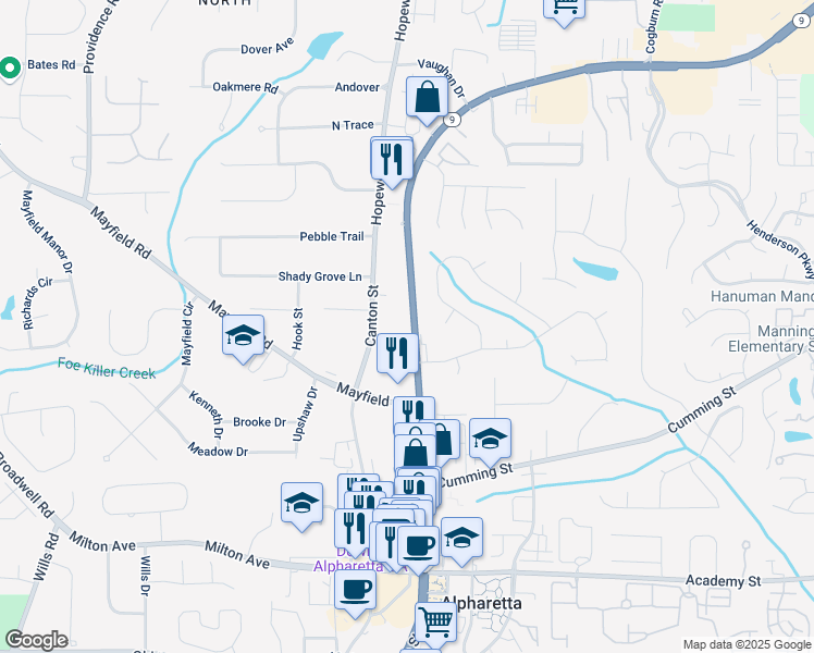 map of restaurants, bars, coffee shops, grocery stores, and more near 294 North Main Street in Alpharetta