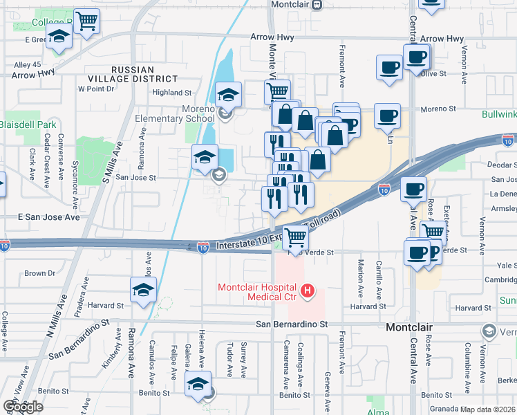 map of restaurants, bars, coffee shops, grocery stores, and more near 9356 Mesa Verde Drive in Montclair