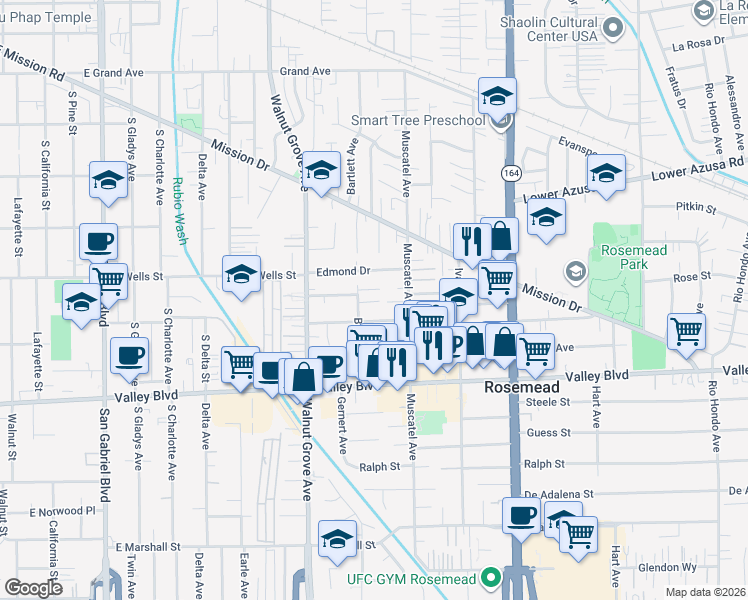 map of restaurants, bars, coffee shops, grocery stores, and more near 8743 Scott Street in Rosemead