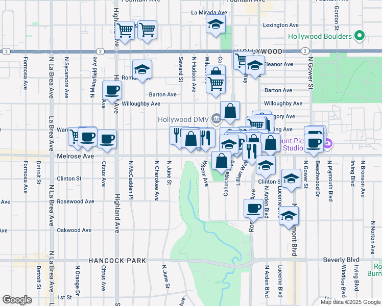 map of restaurants, bars, coffee shops, grocery stores, and more near 645 Wilcox Avenue in Los Angeles