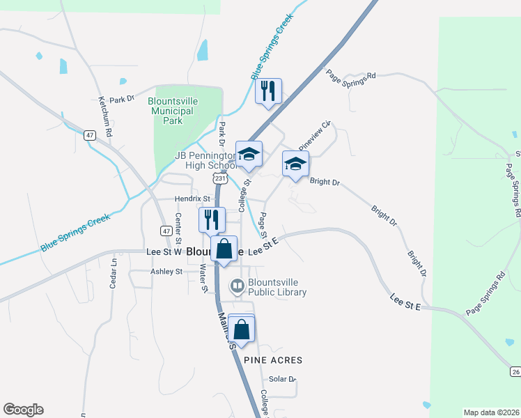 map of restaurants, bars, coffee shops, grocery stores, and more near 233 College Street in Blountsville