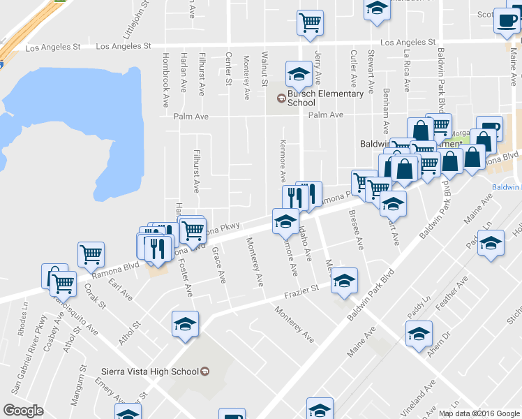 map of restaurants, bars, coffee shops, grocery stores, and more near 3913 Walnut Street in Baldwin Park