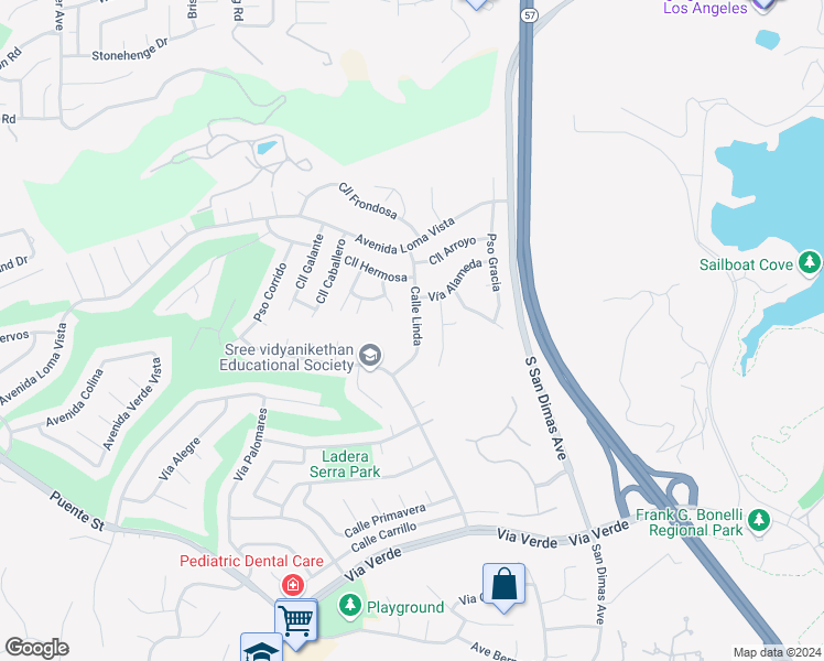 map of restaurants, bars, coffee shops, grocery stores, and more near 1431 Calle Linda in San Dimas