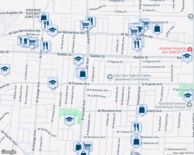 map of restaurants, bars, coffee shops, grocery stores, and more near 729 North Broadmoor Avenue in West Covina