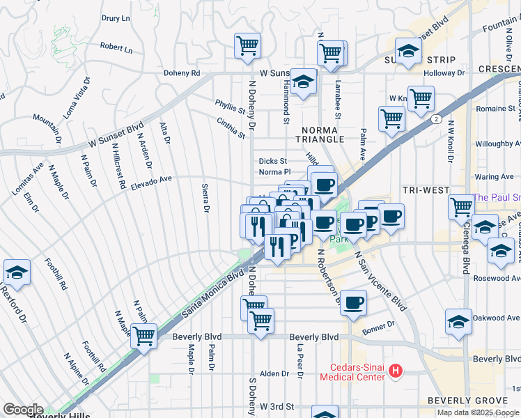 map of restaurants, bars, coffee shops, grocery stores, and more near 9061 Keith Avenue in West Hollywood