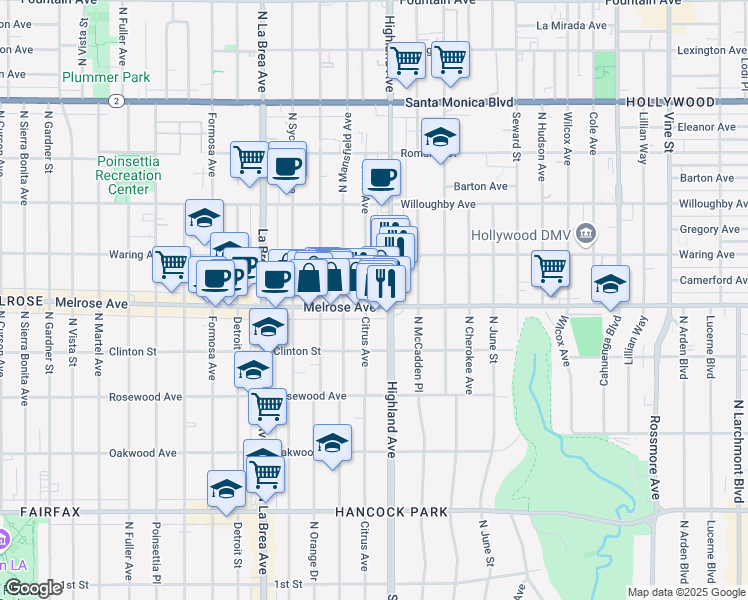 map of restaurants, bars, coffee shops, grocery stores, and more near 6621 Melrose Avenue in Los Angeles