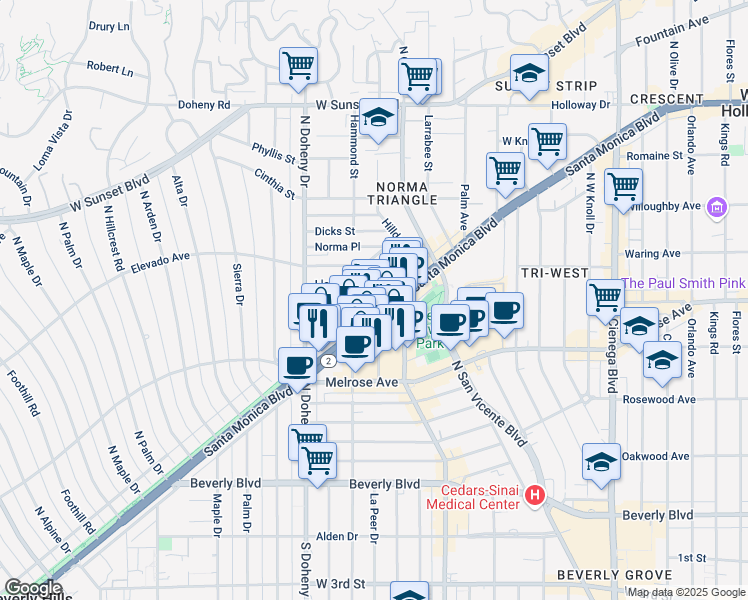 map of restaurants, bars, coffee shops, grocery stores, and more near 9013 North Santa Monica Boulevard in West Hollywood