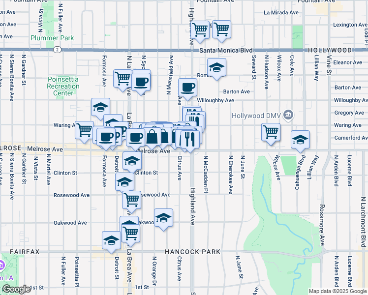 map of restaurants, bars, coffee shops, grocery stores, and more near 6615 Melrose Avenue in Los Angeles
