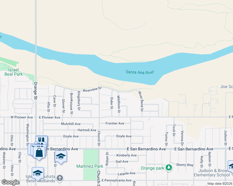 map of restaurants, bars, coffee shops, grocery stores, and more near 1917 Madison Street in Redlands