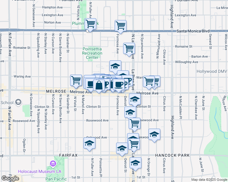 map of restaurants, bars, coffee shops, grocery stores, and more near 7220 Melrose Avenue in Los Angeles