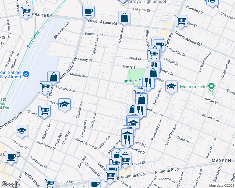 map of restaurants, bars, coffee shops, grocery stores, and more near 11361 Lambert Avenue in El Monte