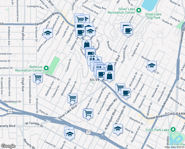 map of restaurants, bars, coffee shops, grocery stores, and more near in Los Angeles