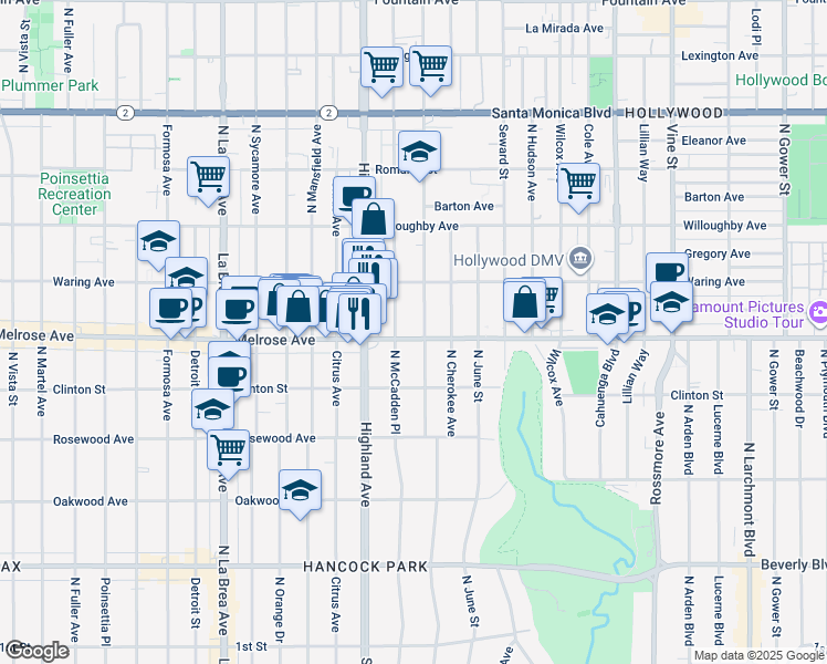 map of restaurants, bars, coffee shops, grocery stores, and more near 6411 Melrose Avenue in Los Angeles