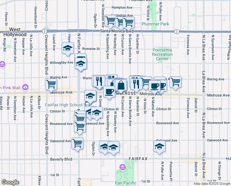 map of restaurants, bars, coffee shops, grocery stores, and more near Melrose Avenue & North Stanley Avenue in Los Angeles
