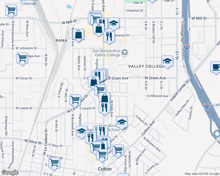 map of restaurants, bars, coffee shops, grocery stores, and more near 1444 North Mount Vernon Avenue in Colton