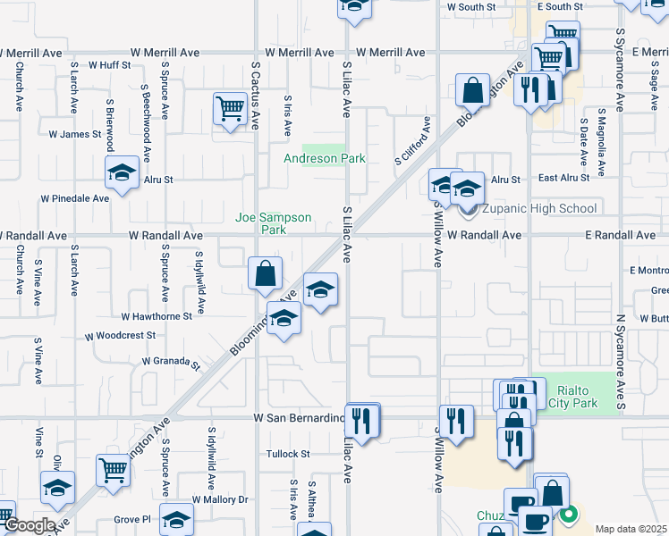 map of restaurants, bars, coffee shops, grocery stores, and more near 1050 South Lilac Avenue in Rialto