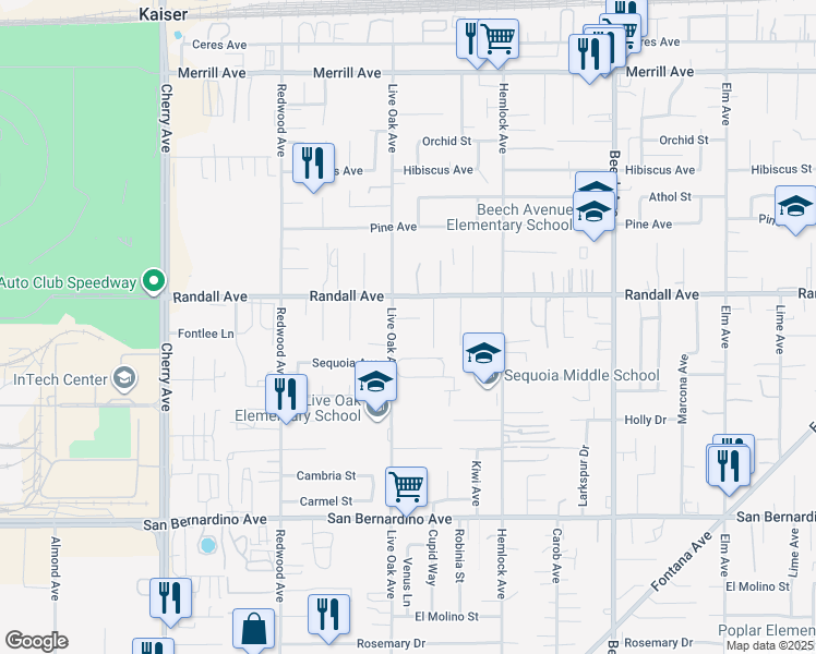 map of restaurants, bars, coffee shops, grocery stores, and more near 9398 Live Oak Avenue in Fontana