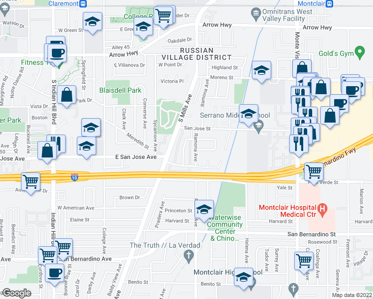 map of restaurants, bars, coffee shops, grocery stores, and more near 9425 Pradera Avenue in Montclair