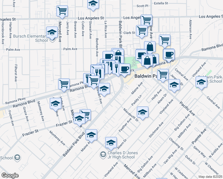 map of restaurants, bars, coffee shops, grocery stores, and more near 3883 Baldwin Park Boulevard in Baldwin Park