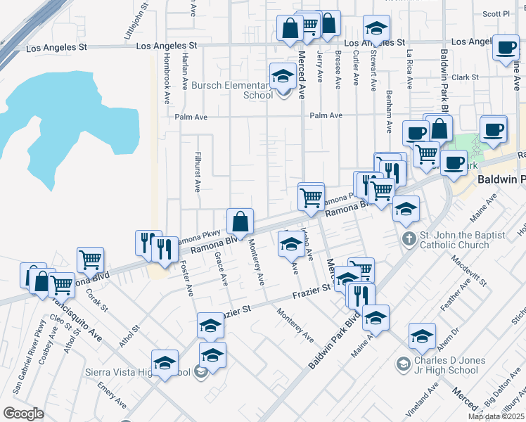 map of restaurants, bars, coffee shops, grocery stores, and more near 13644 Ramona Parkway in Baldwin Park
