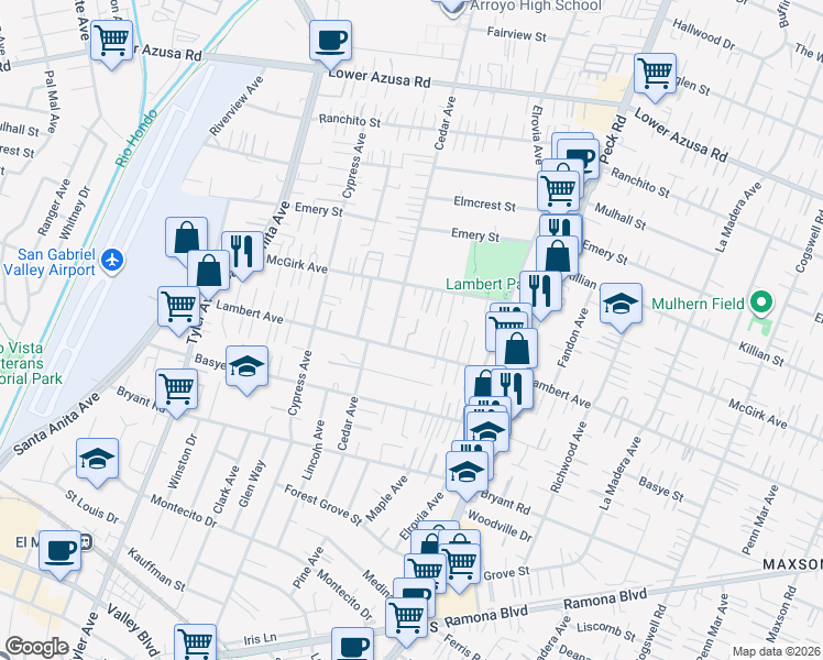 map of restaurants, bars, coffee shops, grocery stores, and more near 11349 Lambert Avenue in El Monte