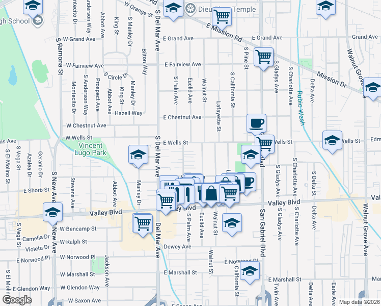 map of restaurants, bars, coffee shops, grocery stores, and more near 1403 Euclid Avenue in San Gabriel