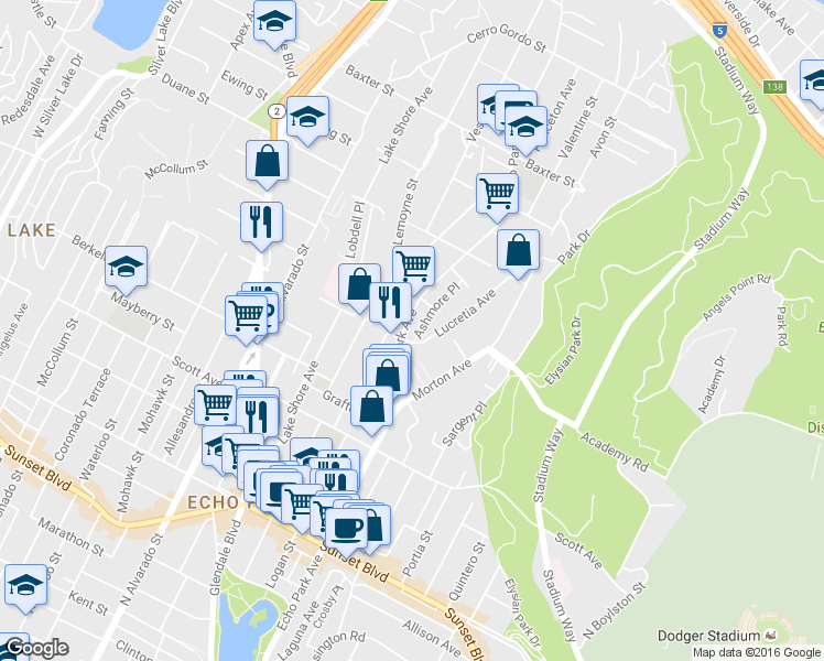 map of restaurants, bars, coffee shops, grocery stores, and more near 1712 Lucretia Avenue in Los Angeles