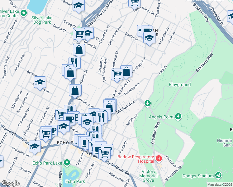 map of restaurants, bars, coffee shops, grocery stores, and more near 1712 Lucretia Avenue in Los Angeles