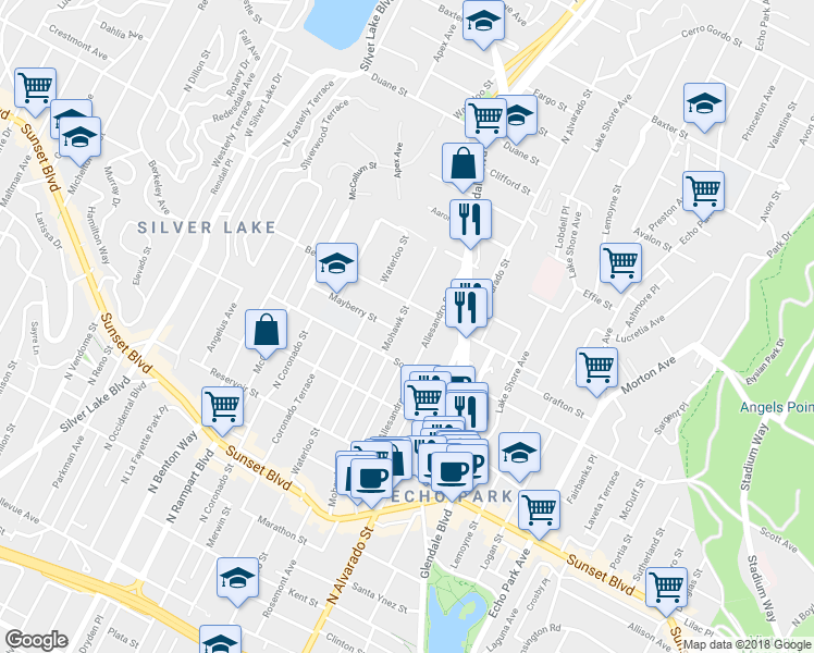 map of restaurants, bars, coffee shops, grocery stores, and more near 2231 Scott Avenue in Los Angeles