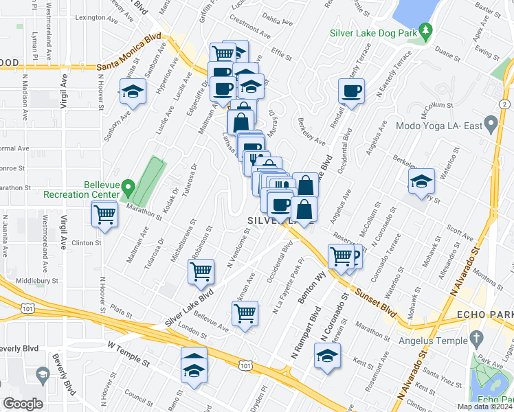 map of restaurants, bars, coffee shops, grocery stores, and more near in Los Angeles