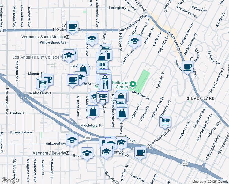 map of restaurants, bars, coffee shops, grocery stores, and more near 632 North Commonwealth Avenue in Los Angeles