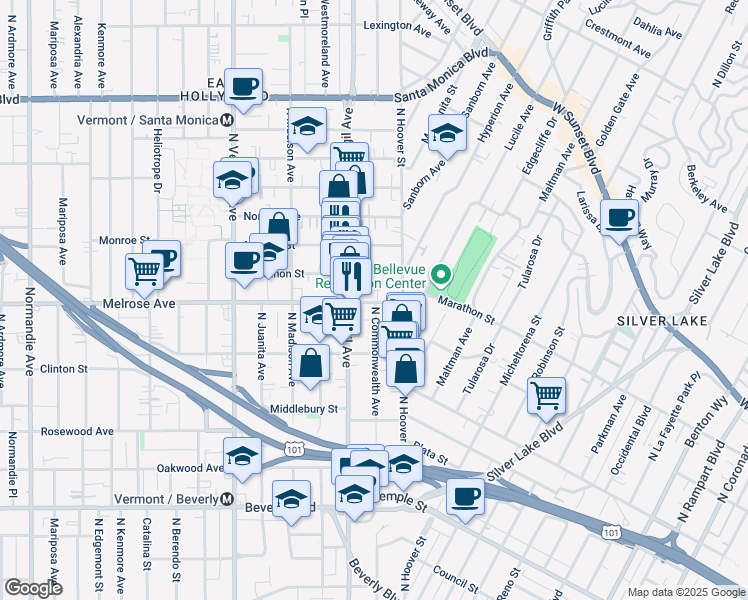 map of restaurants, bars, coffee shops, grocery stores, and more near 632 North Commonwealth Avenue in Los Angeles
