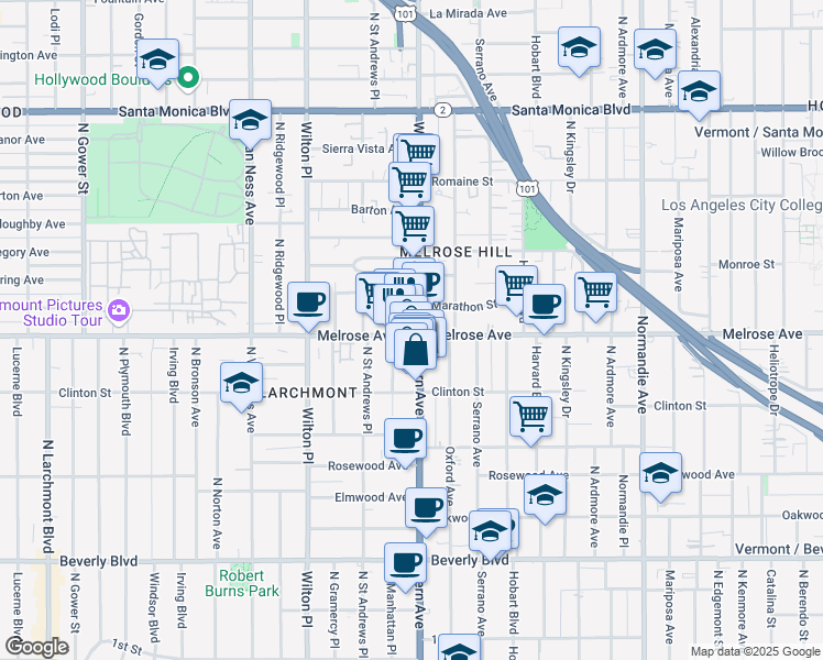 map of restaurants, bars, coffee shops, grocery stores, and more near 641 North Western Avenue in Los Angeles