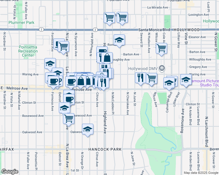 map of restaurants, bars, coffee shops, grocery stores, and more near in Los Angeles