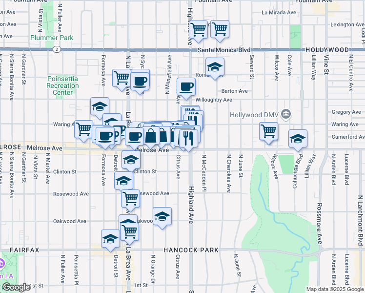 map of restaurants, bars, coffee shops, grocery stores, and more near in Los Angeles