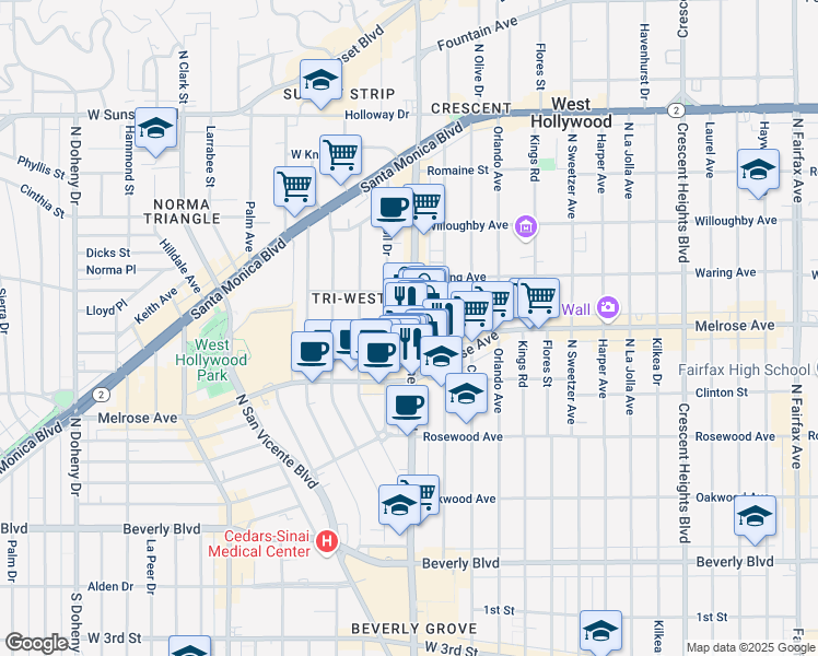 map of restaurants, bars, coffee shops, grocery stores, and more near 637 North La Cienega Boulevard in West Hollywood